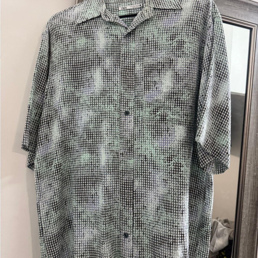 Zara Green and Black Casual Button Down Shirt